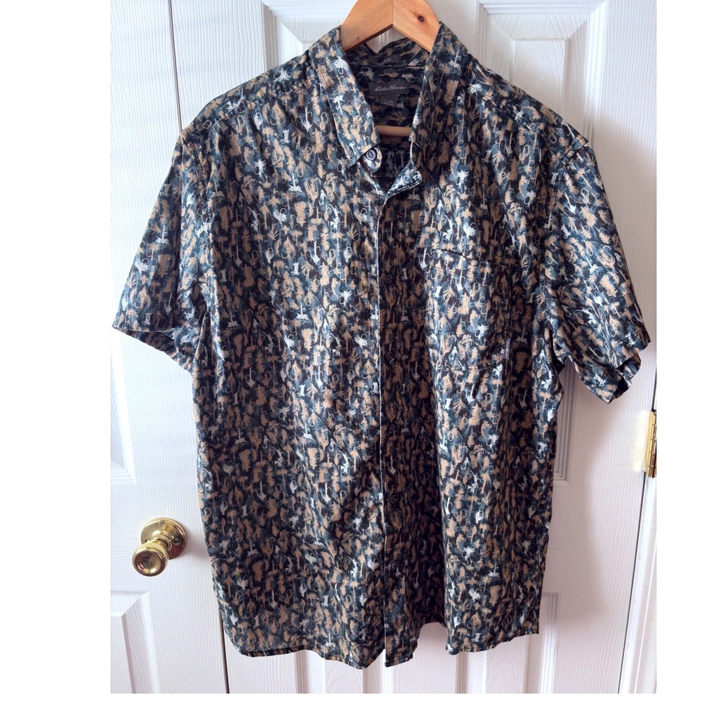 Eddie Bauer Fishing Lure Novelty Cotton Poplin Classic Fit Button Up Shirt XL